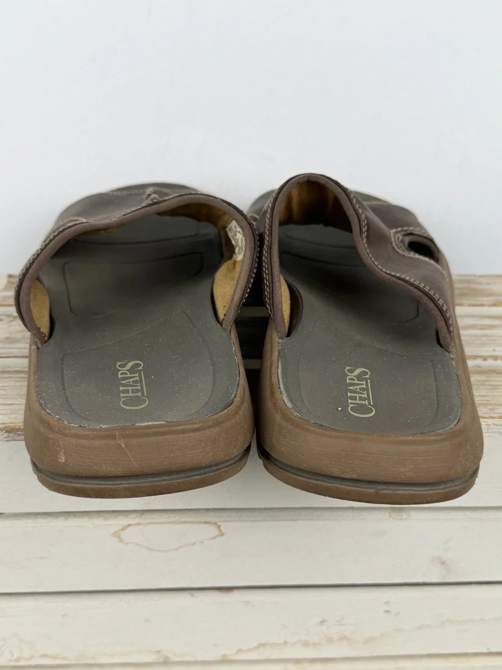 Chaps men's brown slide sandals contrast stitching and a cushioned footbed 11M